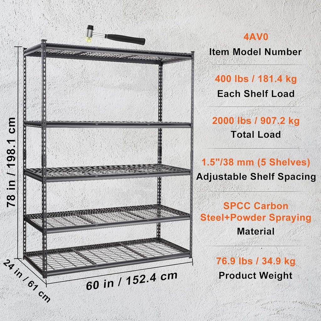 VEVOR Storage Shelving Unit 5-Tier Adjustable 2000 lbs Capacity 60"x24"x78"