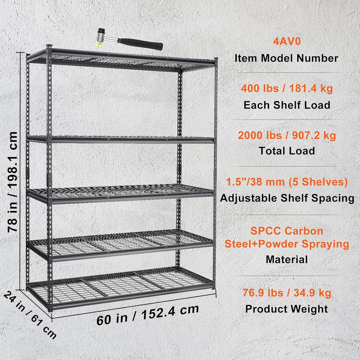 VEVOR Storage Shelving Unit 5-Tier Adjustable 2000 lbs Capacity 60"x24"x78"