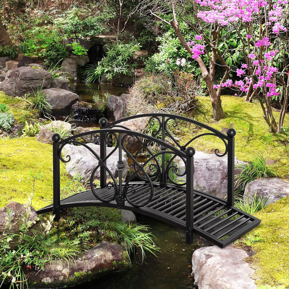Outsunny 3.3FT Metal Arch Zen Garden Bridge with Safety Siderails Black