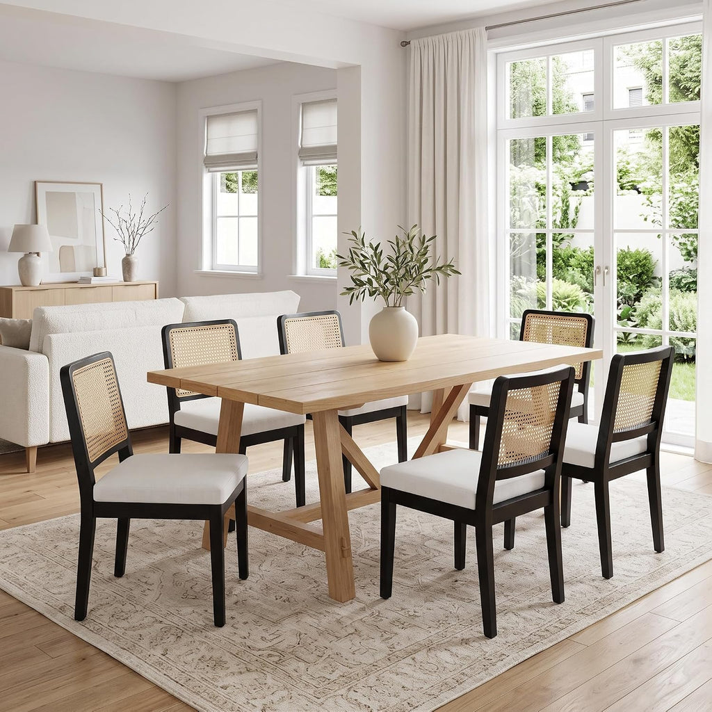 HNY Modern Farmhouse Rattan Dining Chairs Set of 6, Beige Linen Upholstered Dining Room Chair with Cane Back Mid Century Black Wooden Kitchen Chairs, Boho Accent Wicker Woven Chairs for Living Room