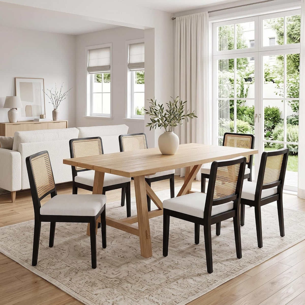 HNY Modern Farmhouse Rattan Dining Chairs Set of 6, Beige Linen Upholstered Dining Room Chair with Cane Back Mid Century Black Wooden Kitchen Chairs, Boho Accent Wicker Woven Chairs for Living Room
