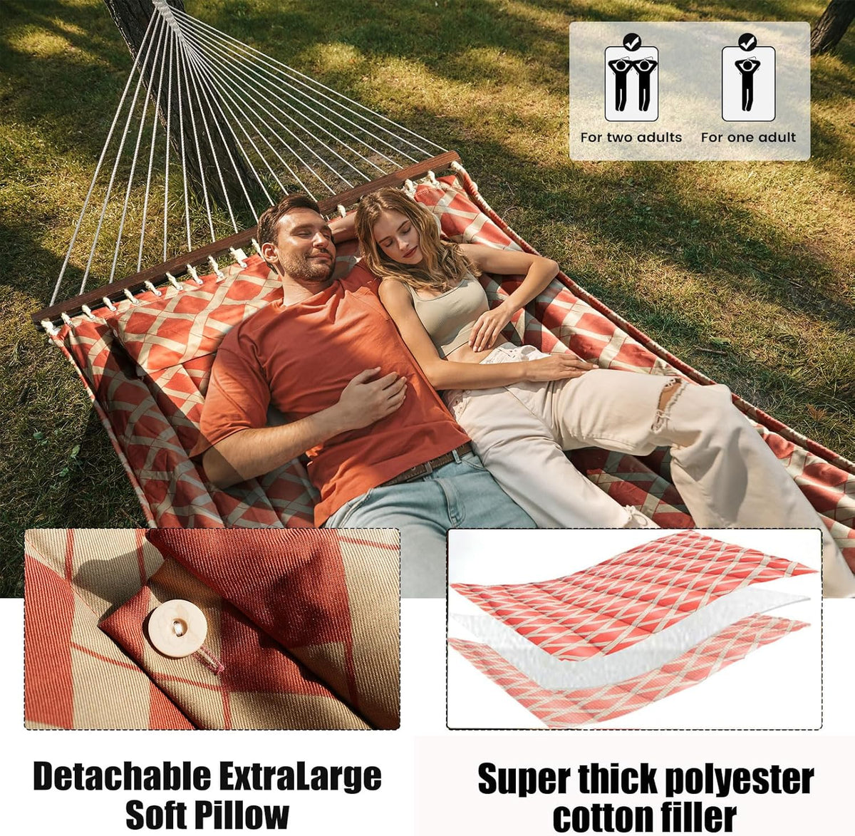 Quilted Double Hammock, Fade‑Resistant Fabric, 600 LBS Capacity