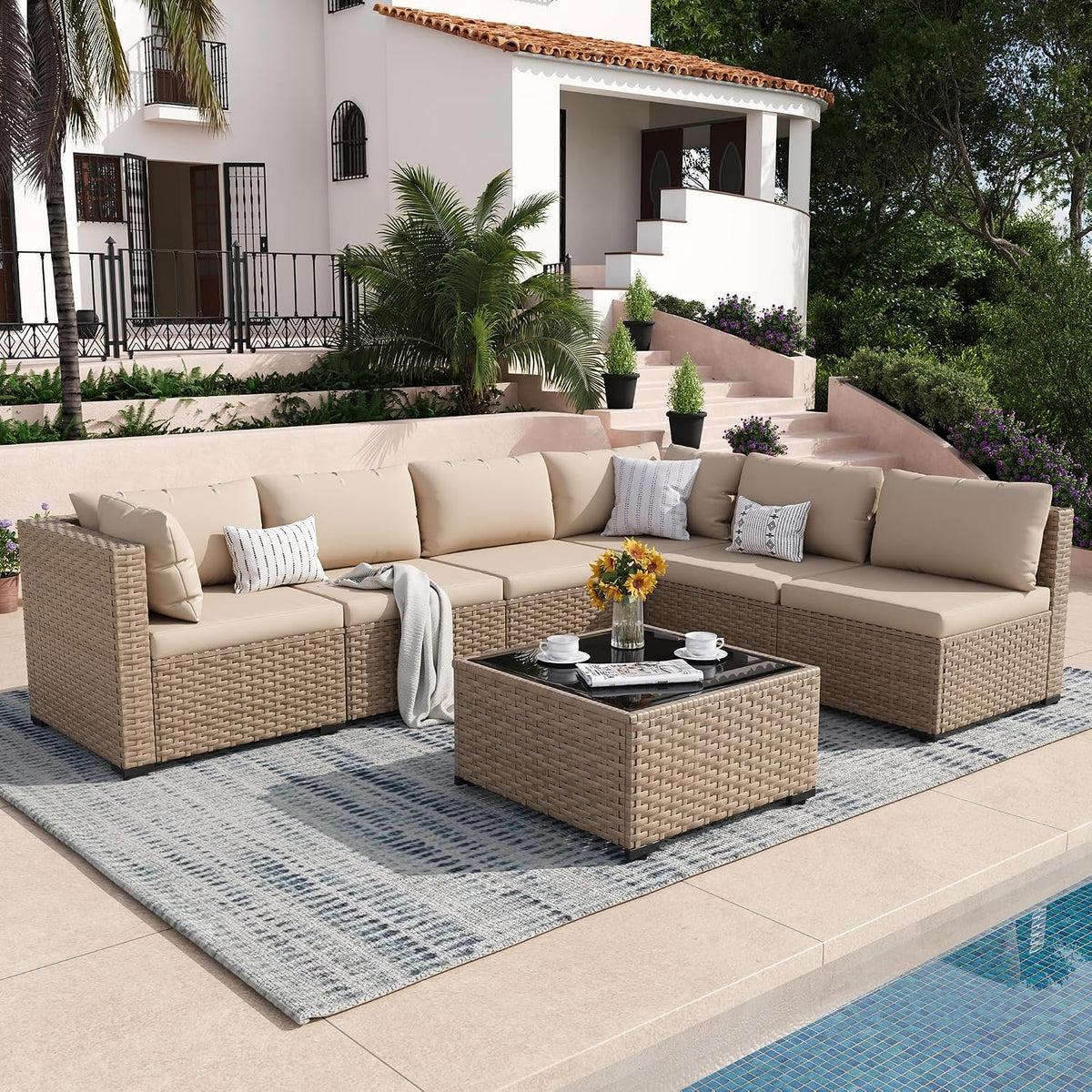 Patio Furniture Set, 7-Piece Outdoor Wicker Sectional Sofa, White