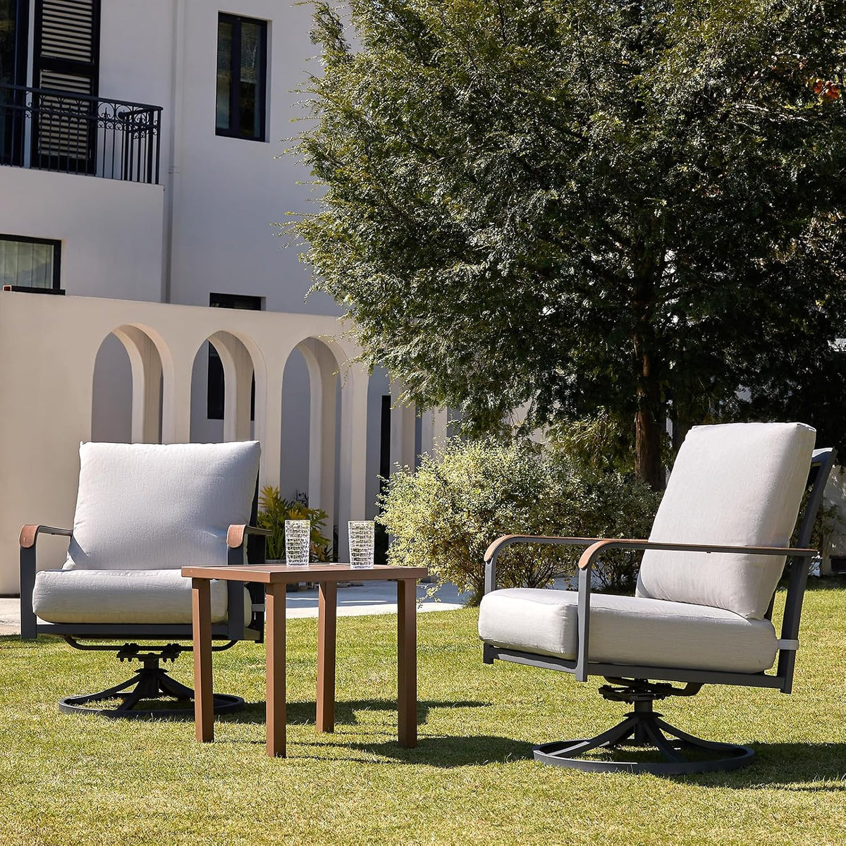 NATURAL EXPRESSIONS Patio Swivel Chairs Set of 2,Outdoor Rocker Chairs Set with 6" Thick Cushions Patio Bistro Set with Wood Grain Metal Table for Backyard Porch Balcony Deck 350lbs Light Grey