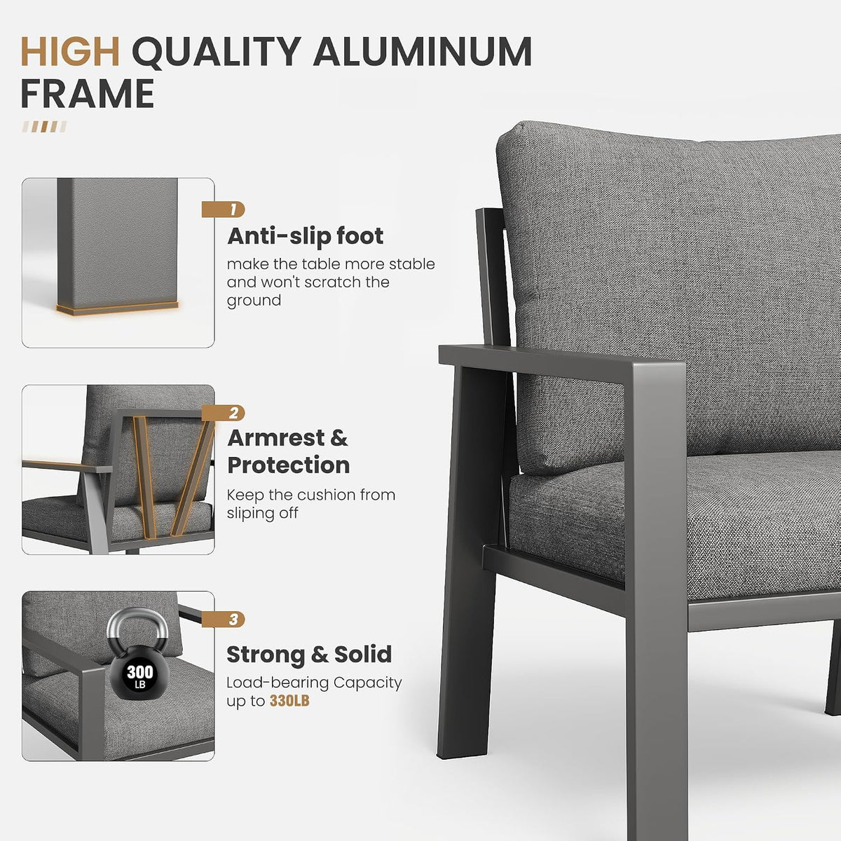 6 Pieces Aluminum Outdoor Patio Furniture Set 6-Seat Deck Furniture Patio Conversation Sets All-Weather Rust-Proof Sectional Sofa Set with Removable Cushion for Balcony, Yard, Poolside
