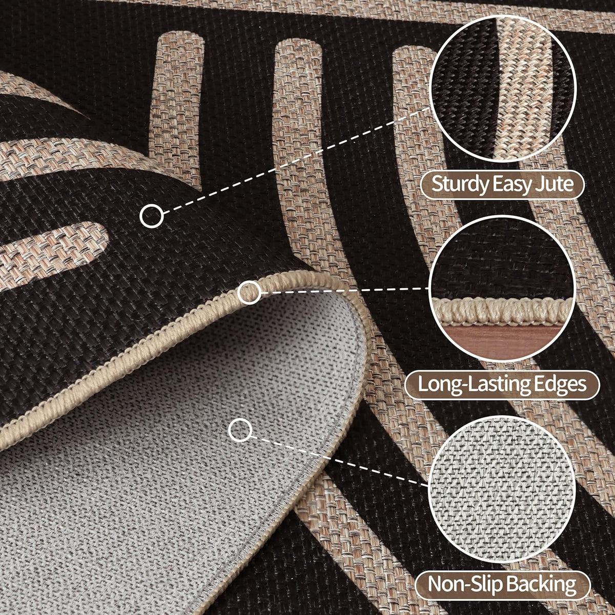 Easy Jute 6x9 Black Outdoor Patio Rug Machine Washable Boho Carpet