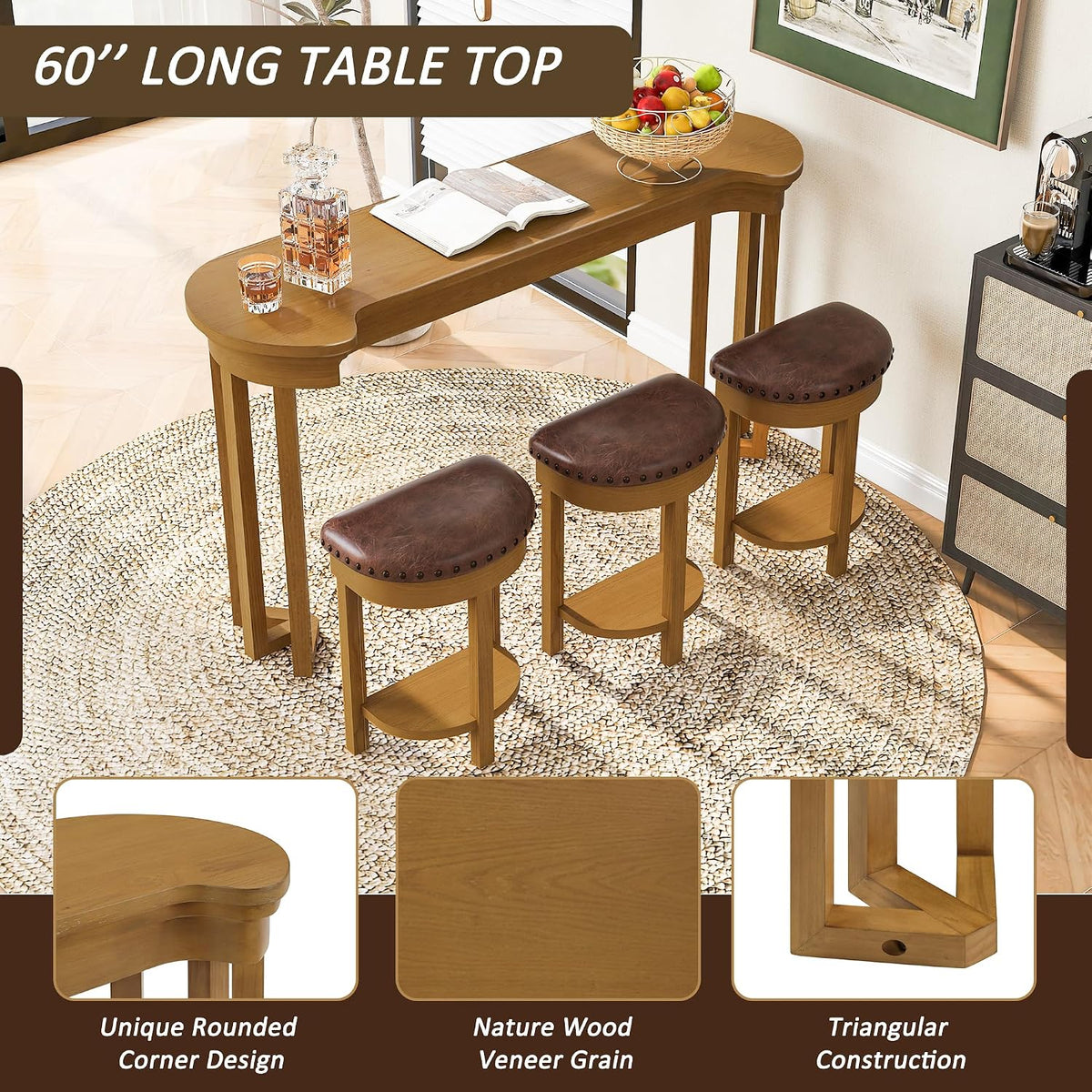 Merax 4 Piece Bar Table Set with 3 PU Upholstered Bar Stools, Solid Wood Counter Height Kitchen Table Set, Breakfast Table with 3 Padded Stools for Living Room, Dining Room, Natural