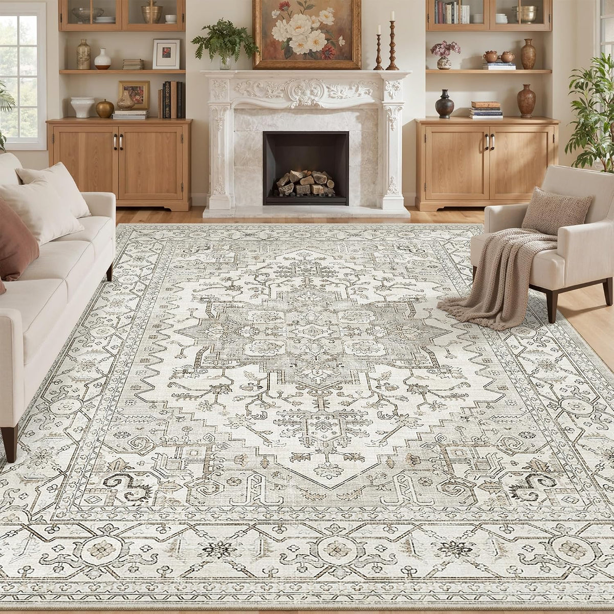 befbee Washable Area Rug 8x10, Large Neutral Beige Carpet for Living Room