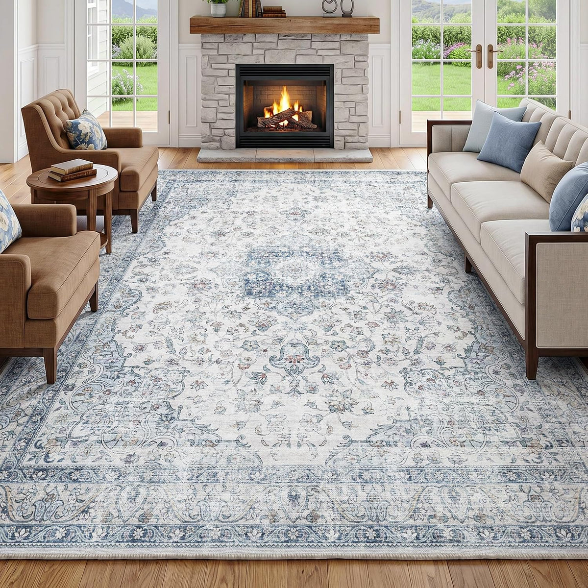 FMFUNCTEX 8x10 Washable Blue Neutral Vintage Large Area Rug for Living Room