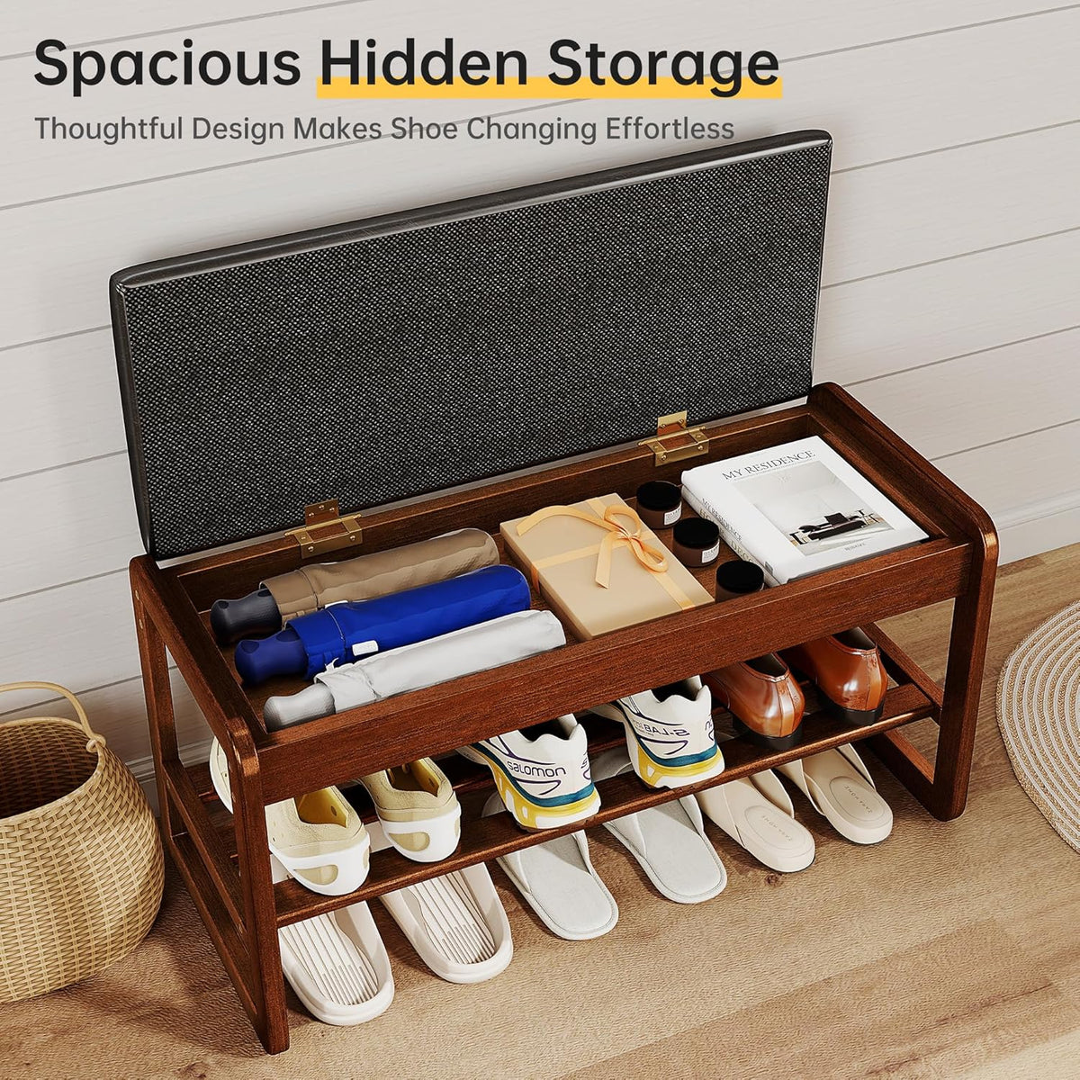 Shoe Rack Bench with Flip-Top Storage, Solid Rubberwood 2-Tier Shoe Organizer with Cushion, Wooden Shoe Stand for Entryway, Mudroom, Hallway, Closet, Front Door Entrance, Foyer