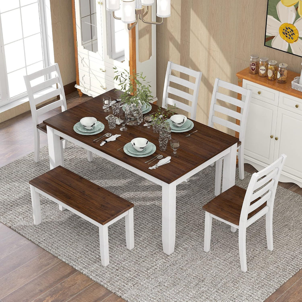 LUMISOL Solid Wood Kitchen Table Set with 4 Chairs & Long Bench, Walnut Cottage White (6 Piece)