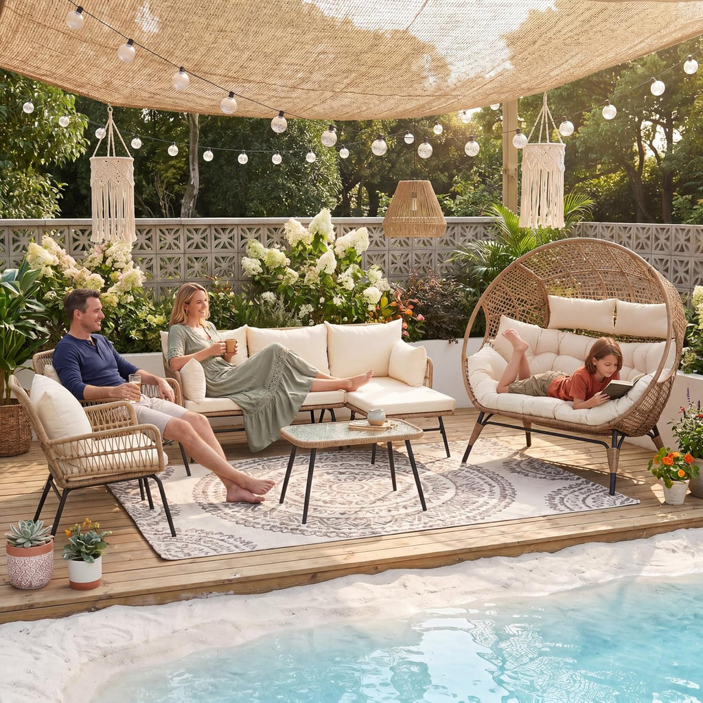 NICESOUL 6 Piece Boho Patio Furniture Set, 500lbs Heavy Duty Wicker Outdoor Sectional with Double Egg Chair, Cozy L-Shape Couch Sofa Seating w/Glass Coffee Table, Beige
