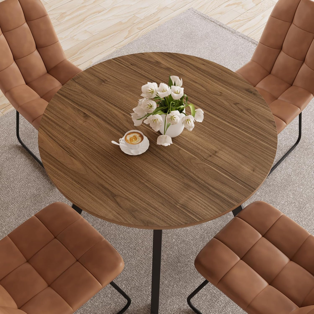 Zerifevni 34.6'' Dining Table and Chairs for 2, Mid Century Modern Round Table Set, Space Saving for Apartment Kitchen Dining Room (Walnut Table+2 U-Shaped Brown Chairs)