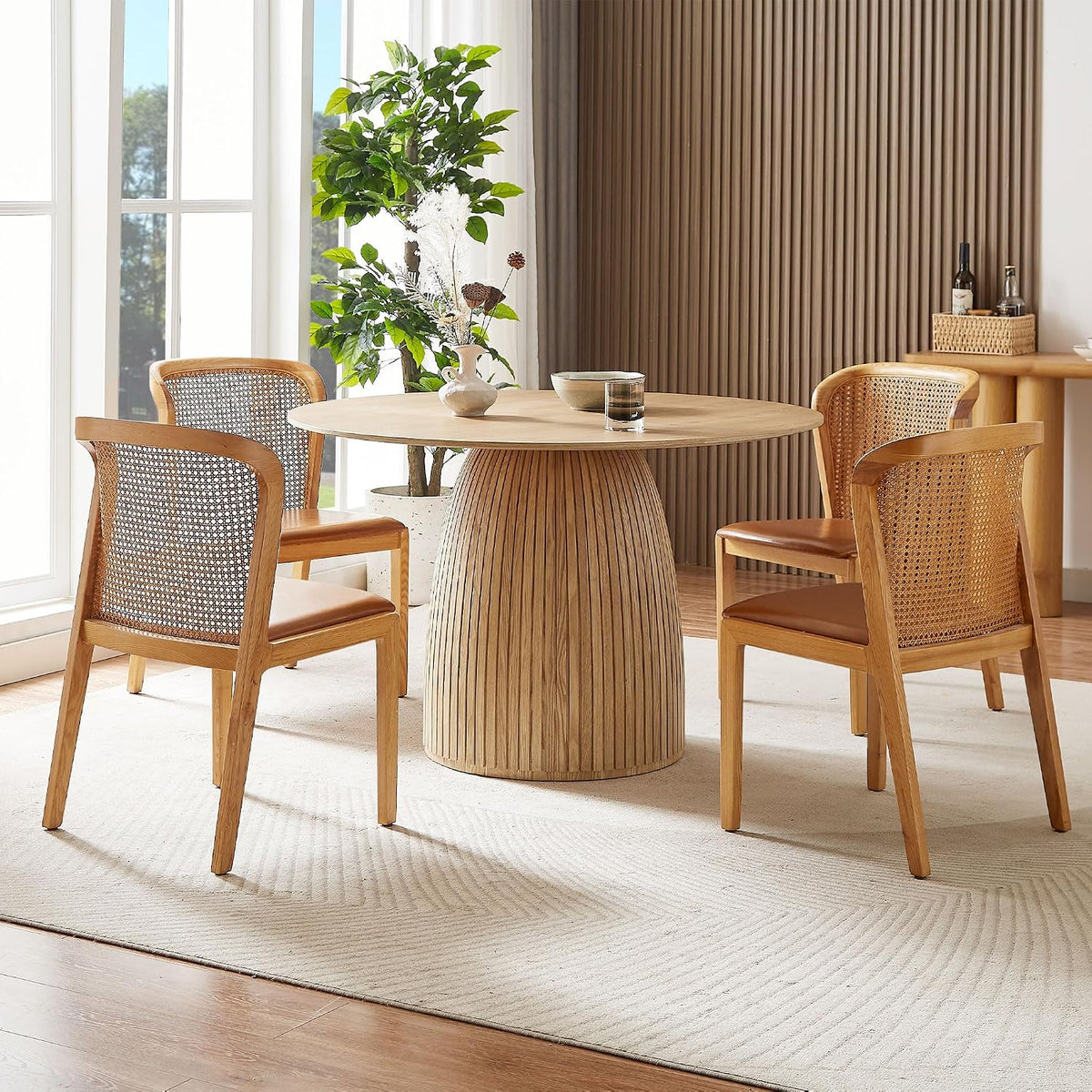 LUMISOL Round Dining Table for 4-6 People, Modern Kitchen Table with Fluted Design, Wood Dinner Tables for Kitchen, Dining Room, Living Room, No Included Chairs, Oak