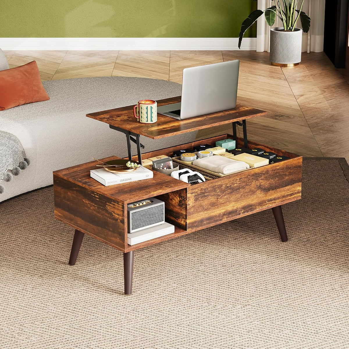 WLIVE Lift Top Coffee Table with Hidden Storage, Brown
