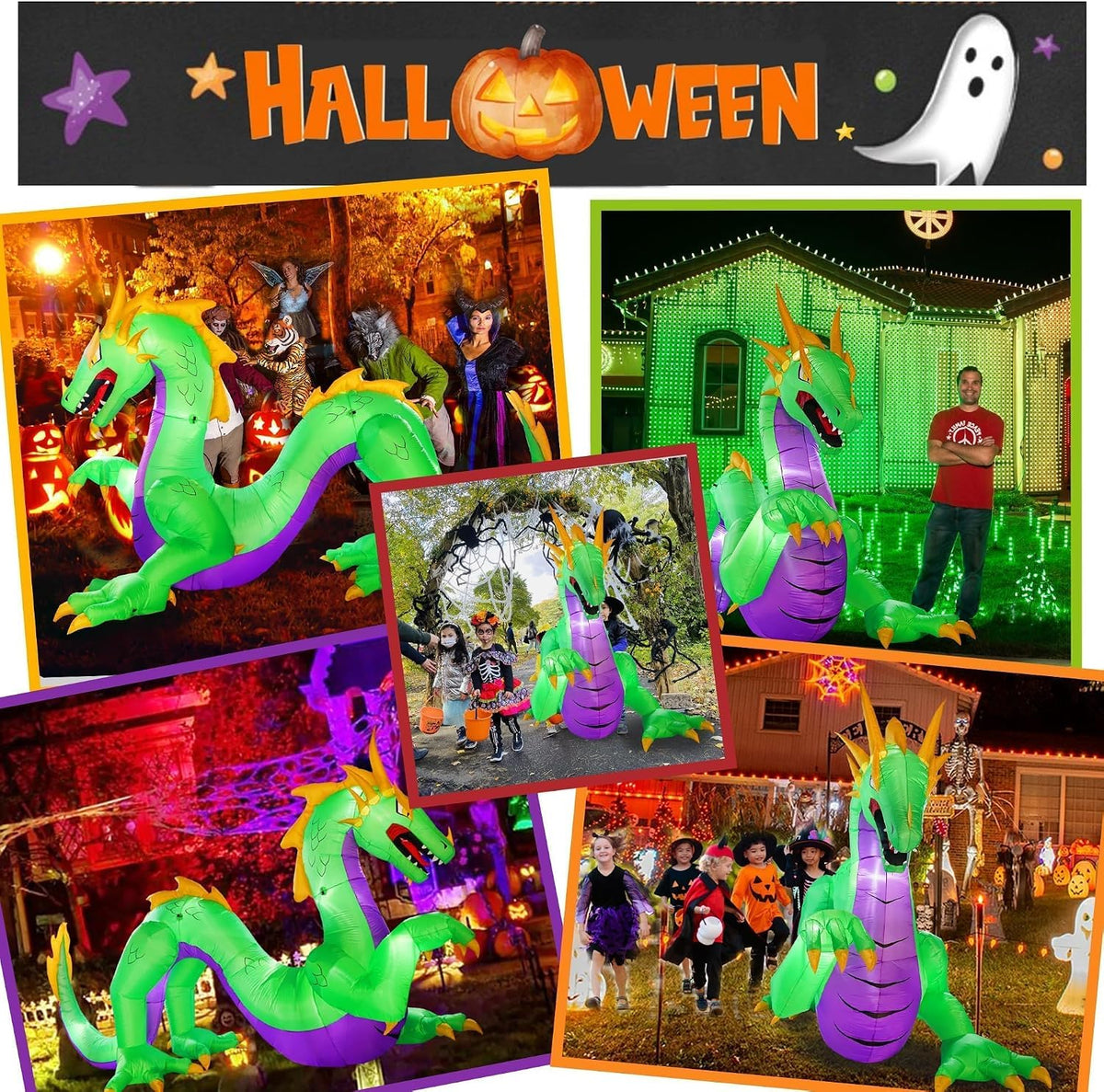 11FT Length Giant Green Halloween Inflatable Dragon, Blow Up Dragon Outdoor Halloween Inflatables Decorations Built-in 5 Bright Led Lights