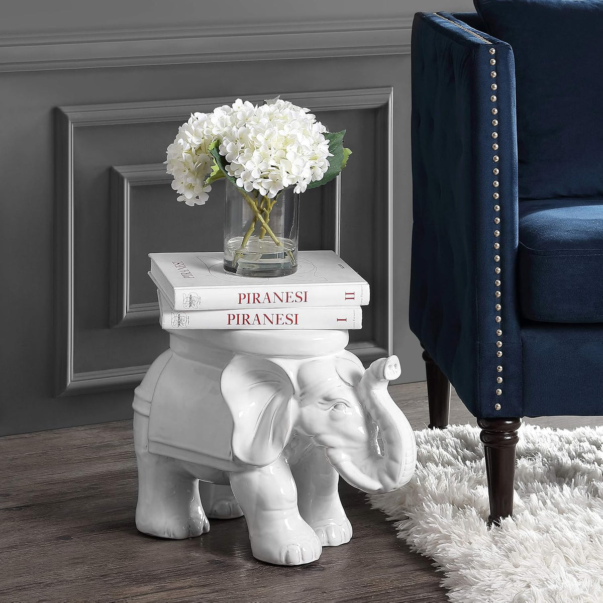 JONATHAN Y White Elephant Ceramic Garden Stool 14.25", Antique White
