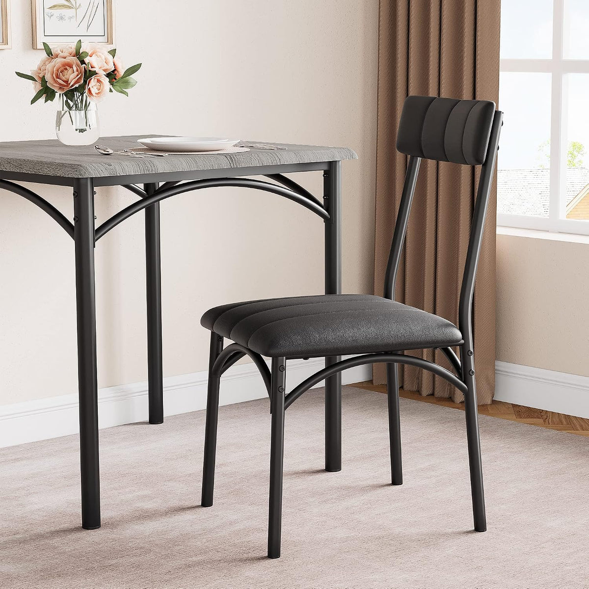 Amyove Modern Rustic Gray Square Dining Set, 29.2' L x W 30.1' H Table, 33.7' 18.4' 17' Chairs, 2 Person, Metal & MDF, Easy Assembly, Space-Saving