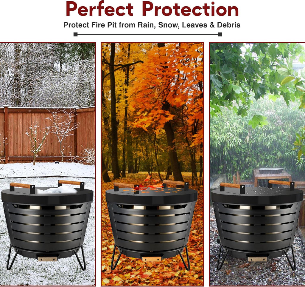 FEBTECH Firepit Lid Compatible with Fire Pit Inside up to 23" - Carbon Steel Tabletop Fire Pit Cover with 2 Heat Resistant Wooden Handles - Fire Pit Accessories for Family Gatherings & Bonfire