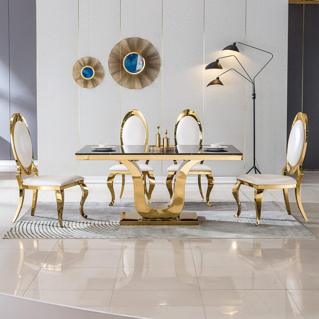 SSLine Modern Luxury White Faux Leather Dining Chairs Set of 4 Gold Legs