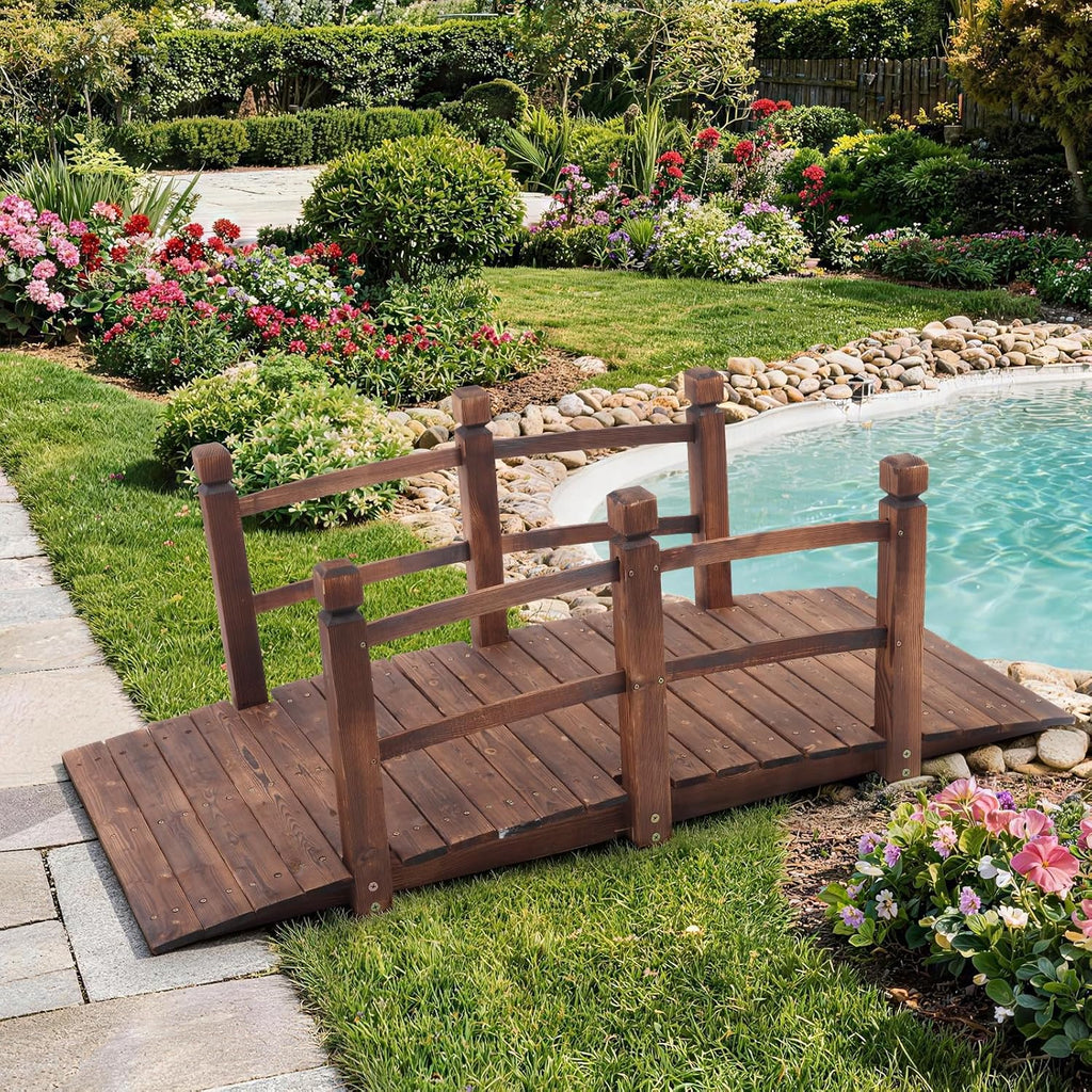 Outvita 5FT Stained Wooden Garden Footbridge with Safety Railings