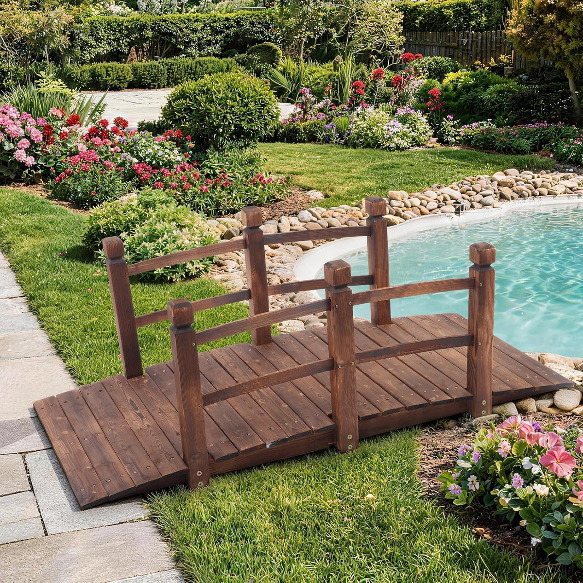 Outvita 5FT Stained Wooden Garden Footbridge with Safety Railings