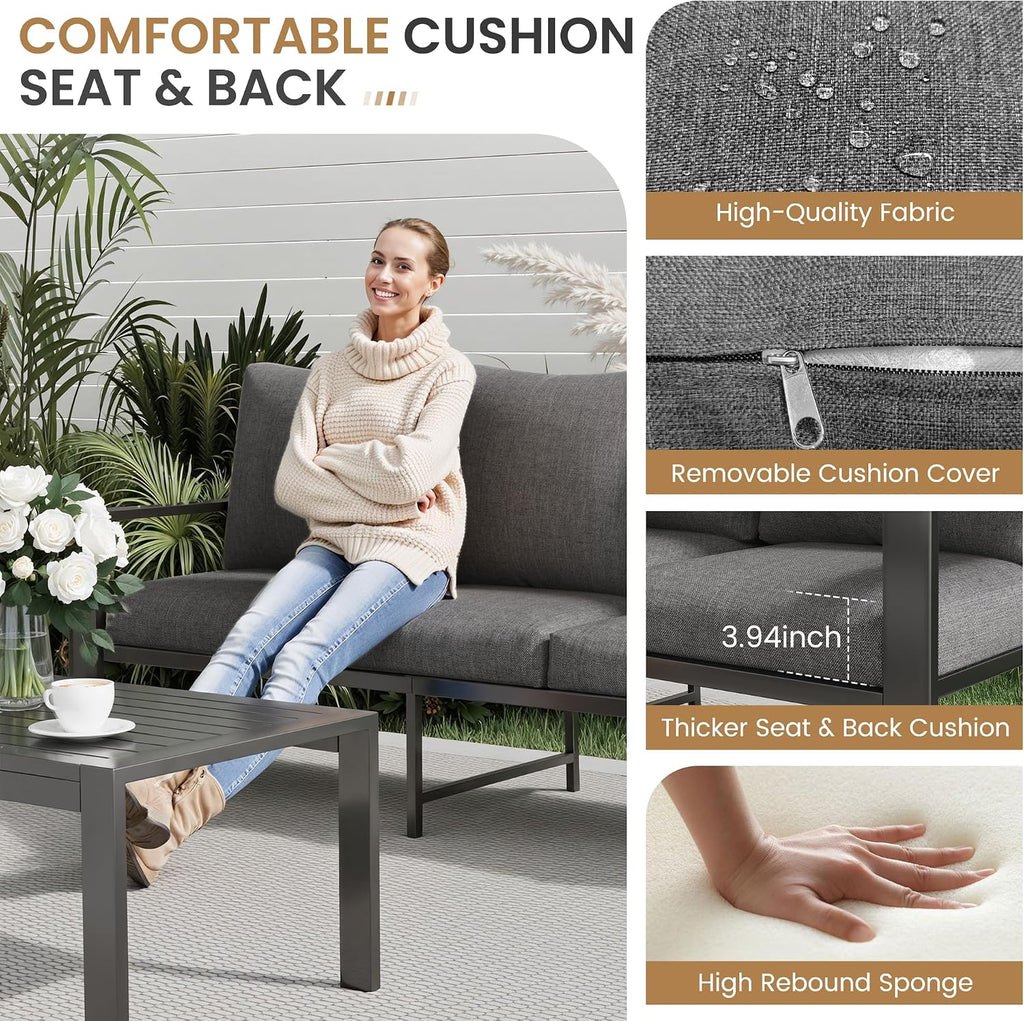 5 Pieces Aluminum Patio Conversation Set Metal Deck Outdoor Furniture 7-Seat All-Weather Rust-Proof Sectional Sofa Set with Removable Cushion for Balcony, Yard, Poolside & Small Spaces