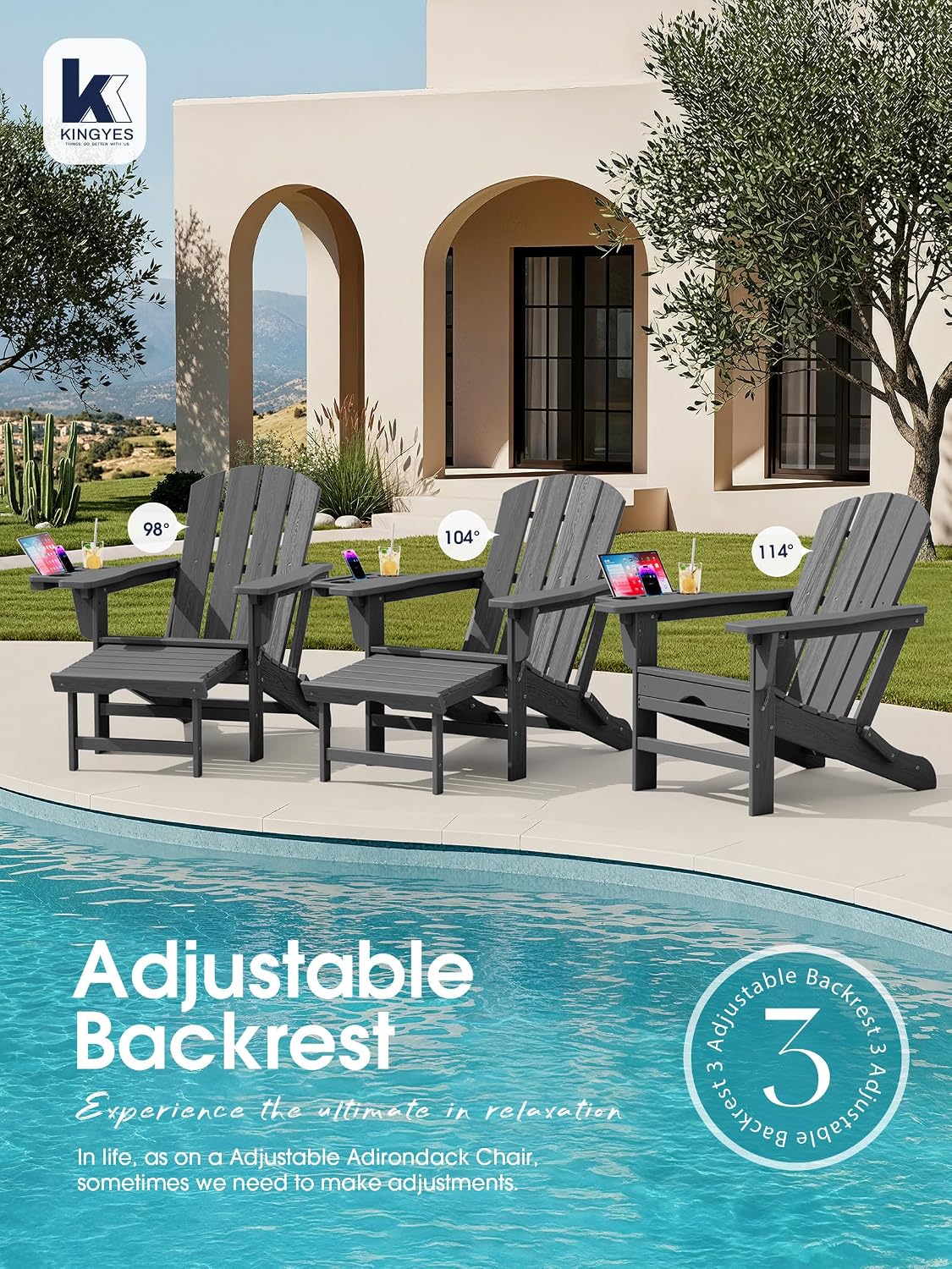 KINGYES Adjustable Folding Adirondack Chair with Footrest & 4-in-1 Multi-Functional Holder, HDPE Recliner Adirondack Chair with Pull-Out Ottoman, Gray