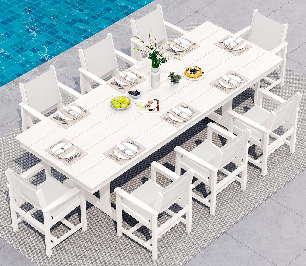 SERWALL Outdoor 84" HDPE Rectangular Dining Table for 6-8,All-Weather,White