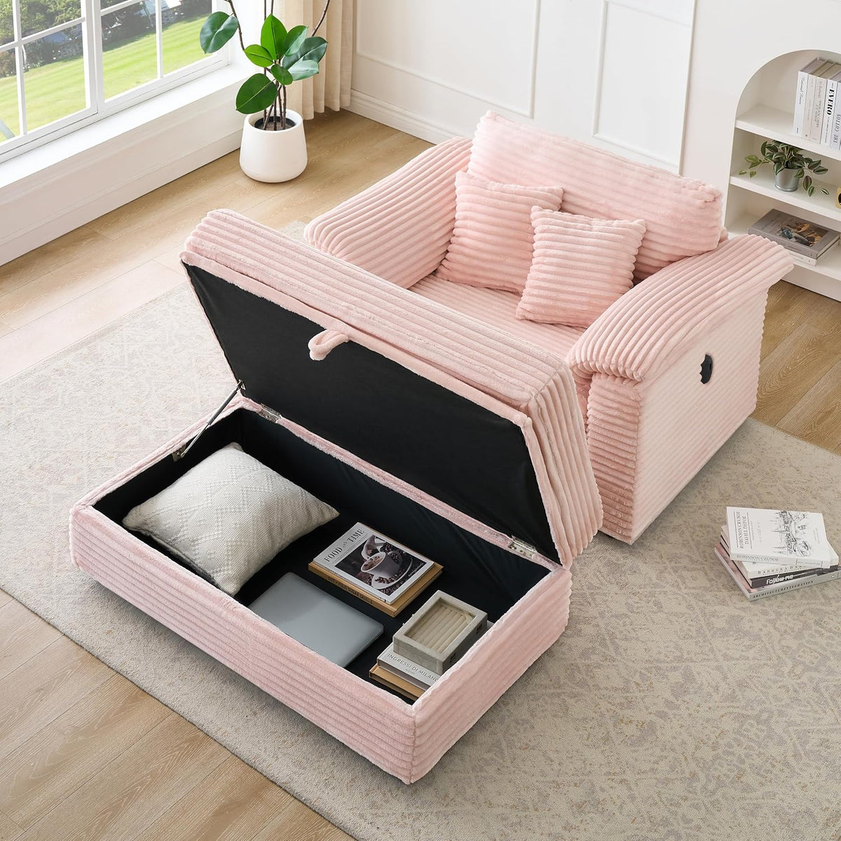 Deolme Oversized Chaise Lounge Chair with Storage Ottoman & USB Ports, Fluffy Corduroy Cloud Couch Sleeper Sofa Bed with Arm Rest, Comfy Overstuffed Sofa Chair Set for Living Room, Bedroom (Pink)