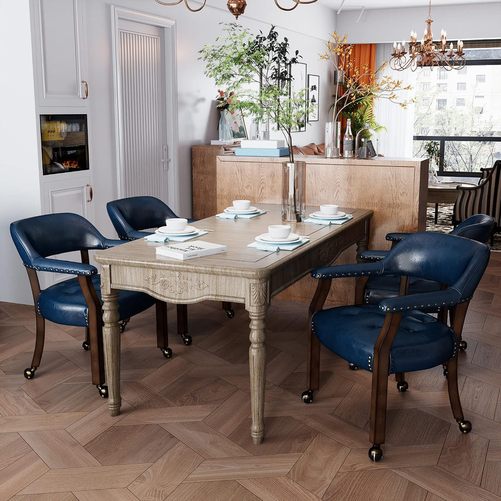 Set of 4 Dining Arm Chair with Casters, Blue PU Chairs, No Table