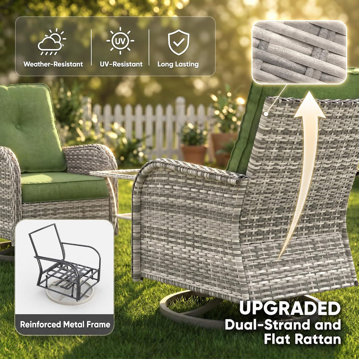 9-Piece Small Patio Furniture Set, Outdoor Swivel Rocking Chairs Set with 55,000 BTU Fire Pit Table Wicker Chairs and Ottomans, Patio Bistro Set for Balcony, Deck, Porch, Grass Green