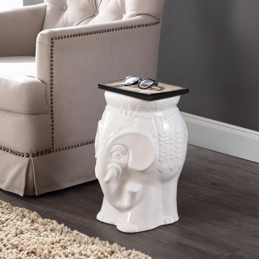 JONATHAN Y Orla Elephant Garden Stool 18.5" Ceramic Accent Table, White