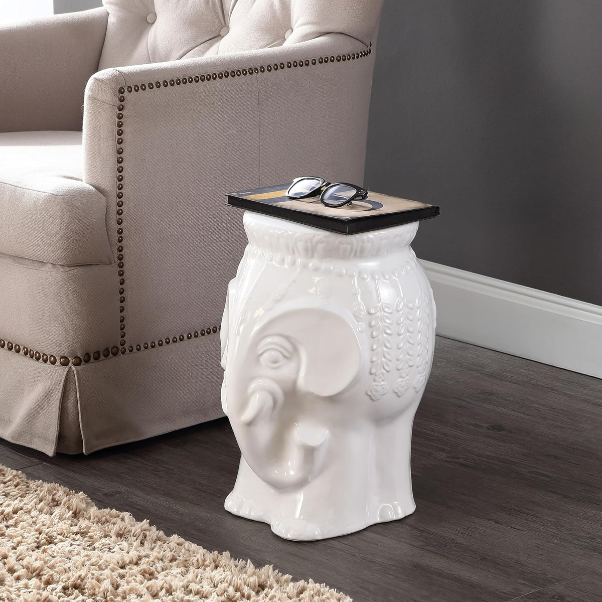 JONATHAN Y Orla Elephant Garden Stool 18.5" Ceramic Accent Table, White