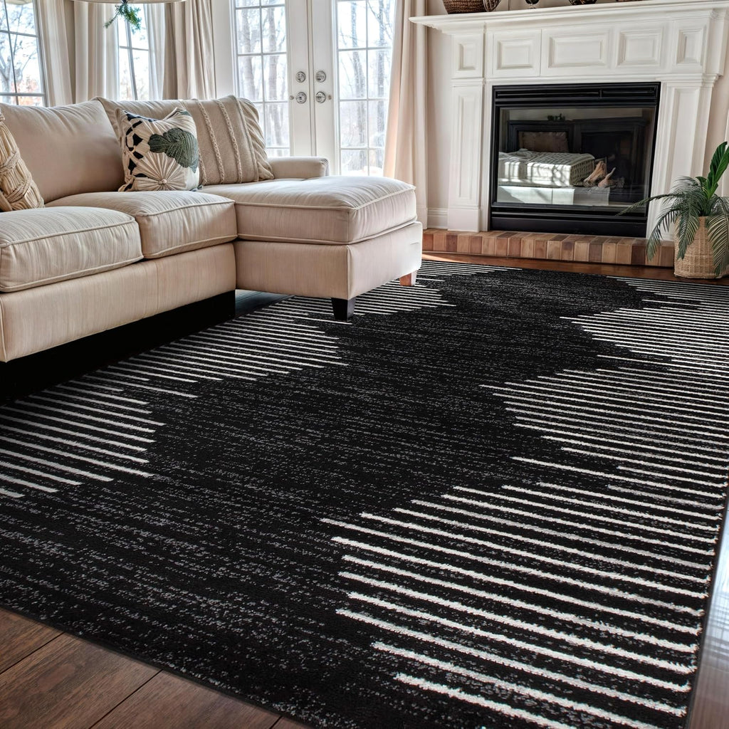 Rugshop Bohemian Stripe Stain Resistant High Traffic Area Rug Black 5' x 7'