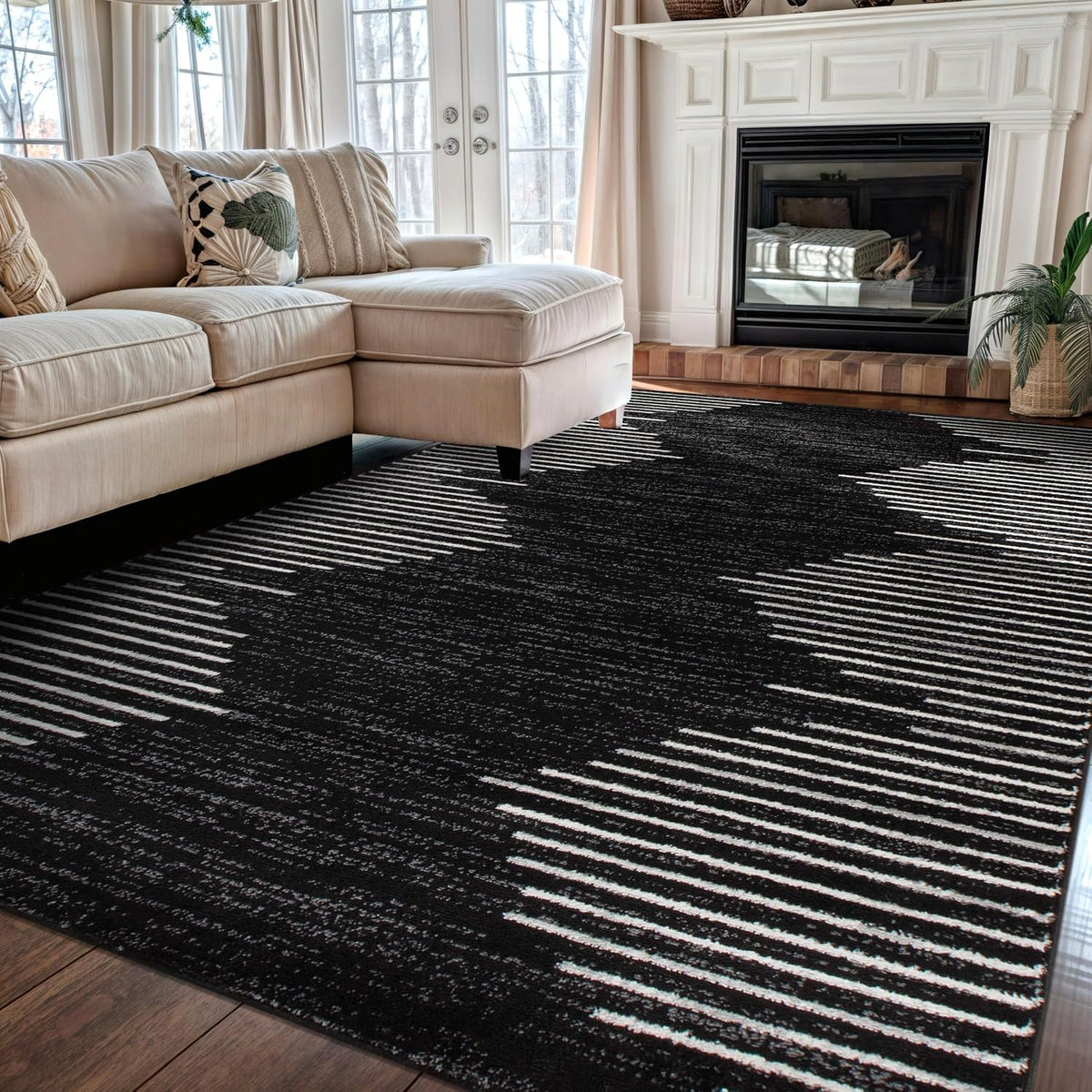 Rugshop Bohemian Stripe Stain Resistant High Traffic Area Rug Black 5' x 7'