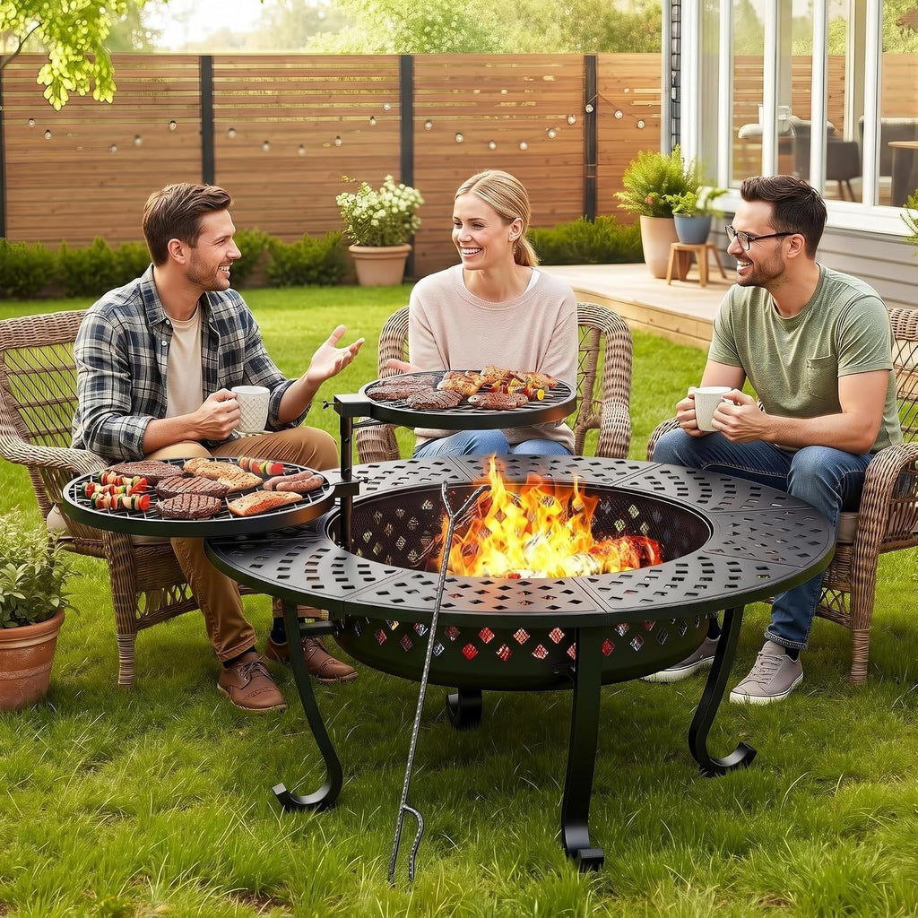 43" Large Fire Pit for Outside with 2 Adjustable Grills,Lid & Fire Poker