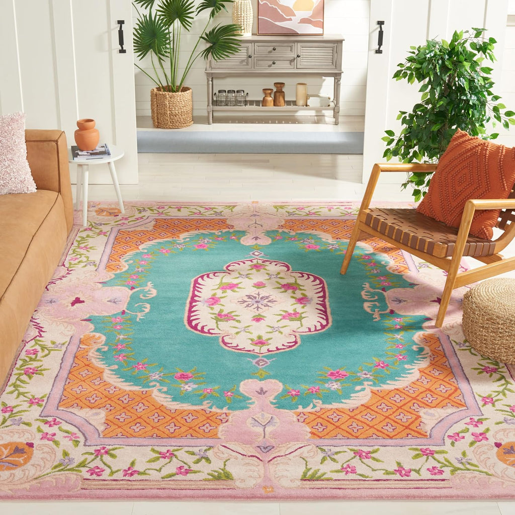 SAFAVIEH Bellagio Collection Area Rug - 10' x 14', Blue & Pink, Handmade Medallion Wool, Ideal for High Traffic Areas in Living Room, Bedroom (BLG535M)