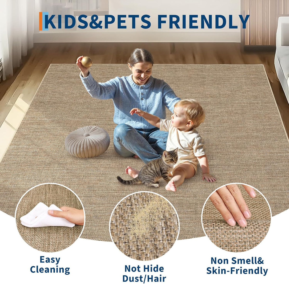 GarveeHome 5x7 Washable Area Rug for Bedroom Non Slip Easy Jute Rugs