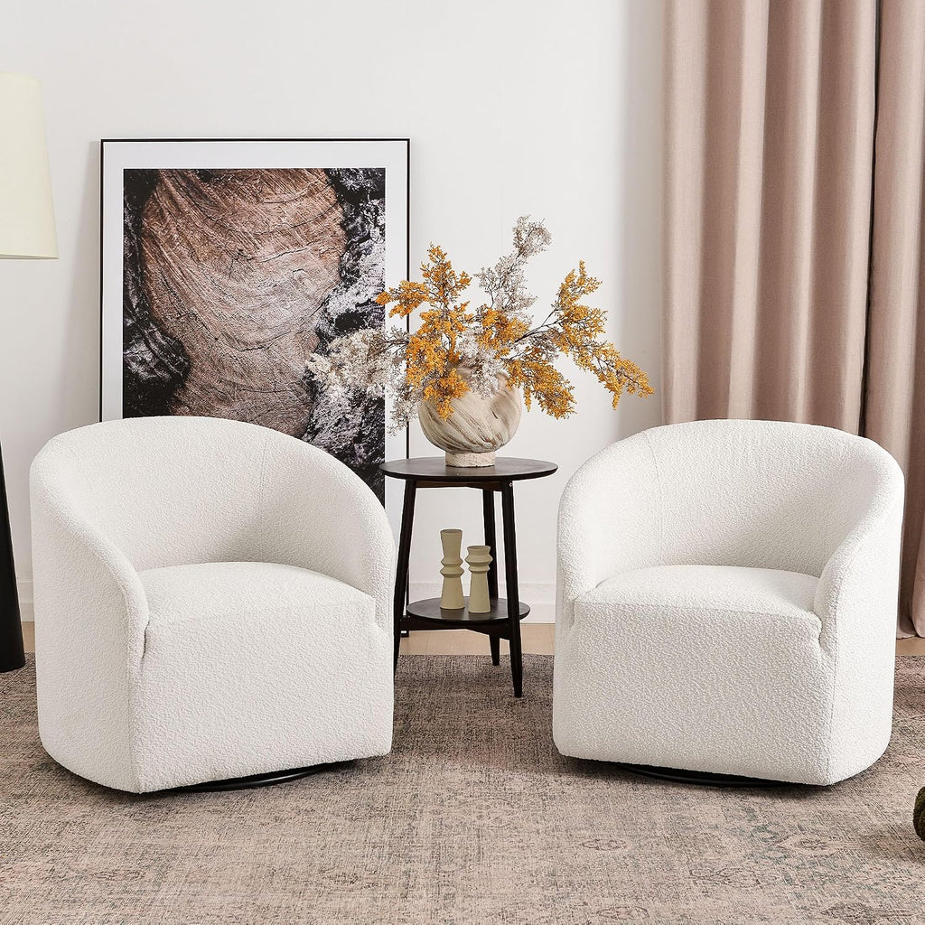 KINWELL 32" Wide No Assembly Boucle Swivel Barrel Chairs Set of 2, White