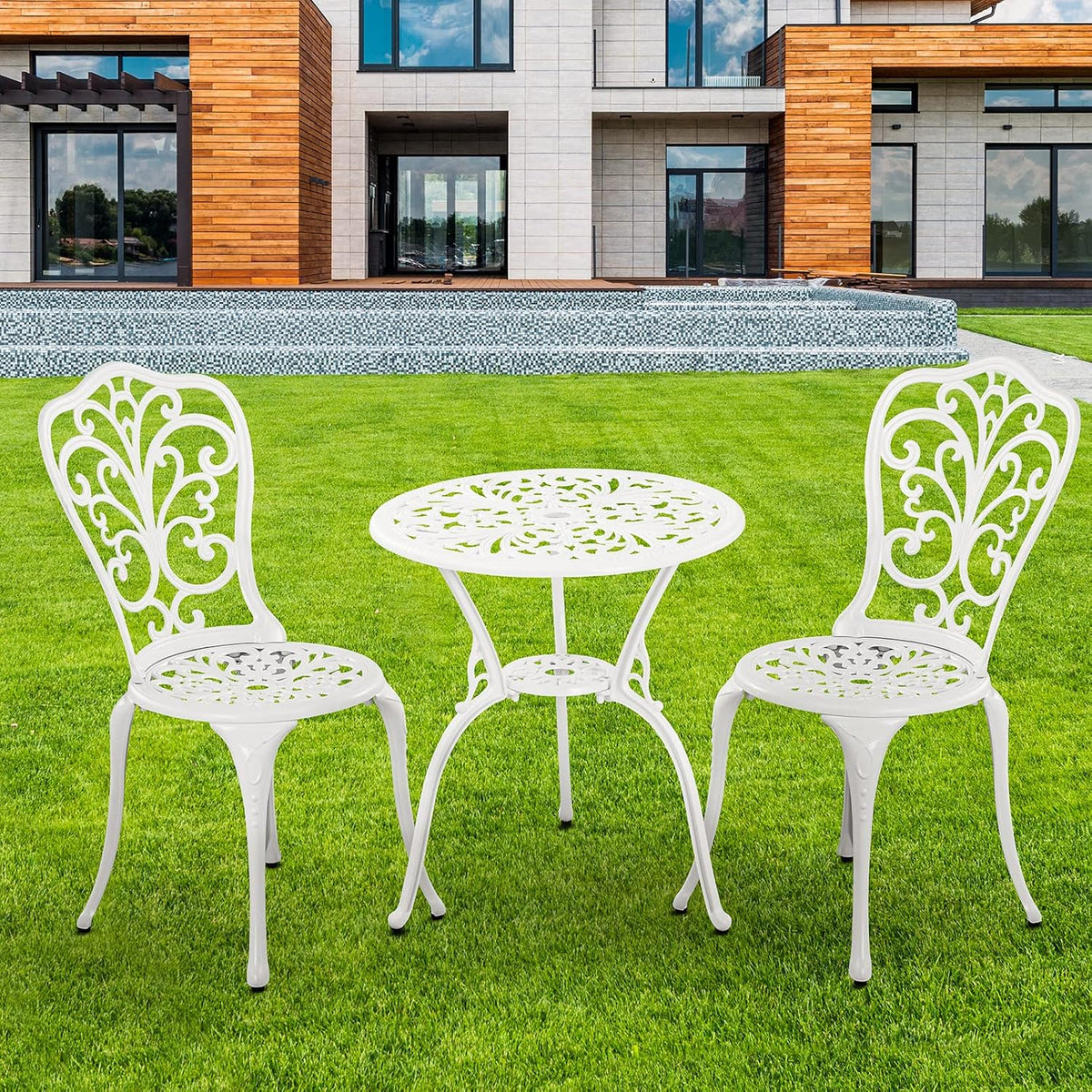 3 Piece Patio Set Outdoor Cast Aluminum Patio Bistro Table and Chairs Set of 2,All Weather Outdoor Bistro Sets with 1.97" Umbrella Hole for Front Porch Set,Garden(White)