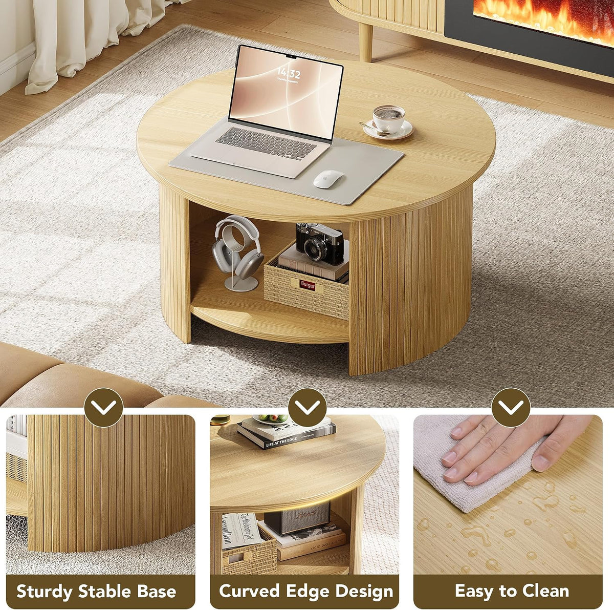 Round Coffee Table with Storage, 31.5" Modern Fluted Center Table, 2-Tier Mid Century Coffee Table, Wood Circle Table for Living Room, Home Office, Small Space, Oak
