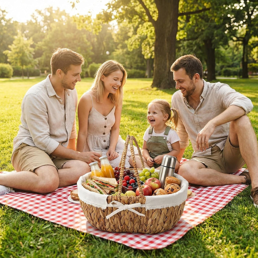 Large Picnic Basket, Woven Water Hyacinth with Handles for Camping