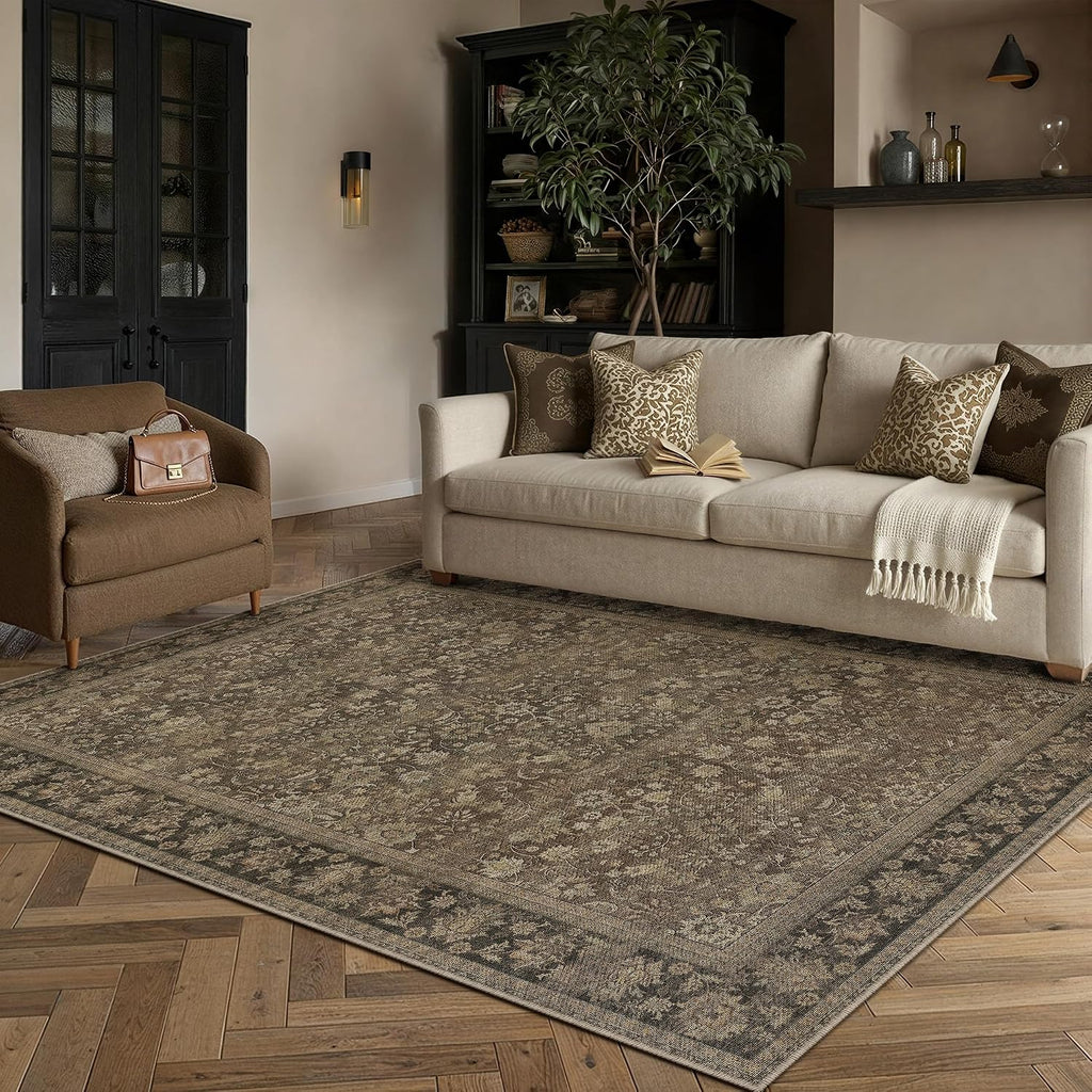 HUGEAR 5x7 Brown Linen Look Washable Area Rug for Living Room