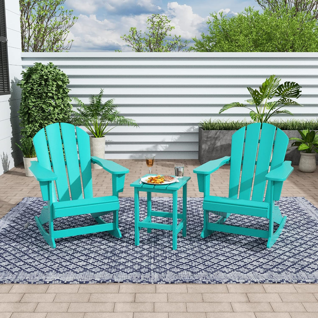 WestinTrends Malibu Outdoor Patio Rocking Adirondack Chairs with Side Table Set, Turquoise