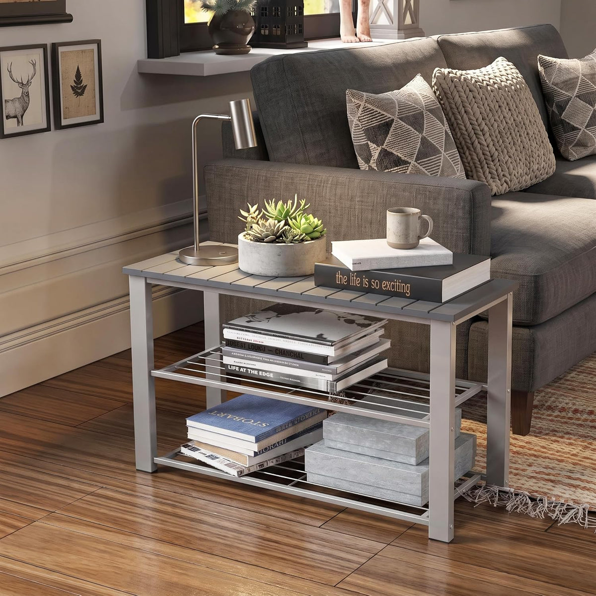 simple houseware wooden top shoe rack bench for shown in use