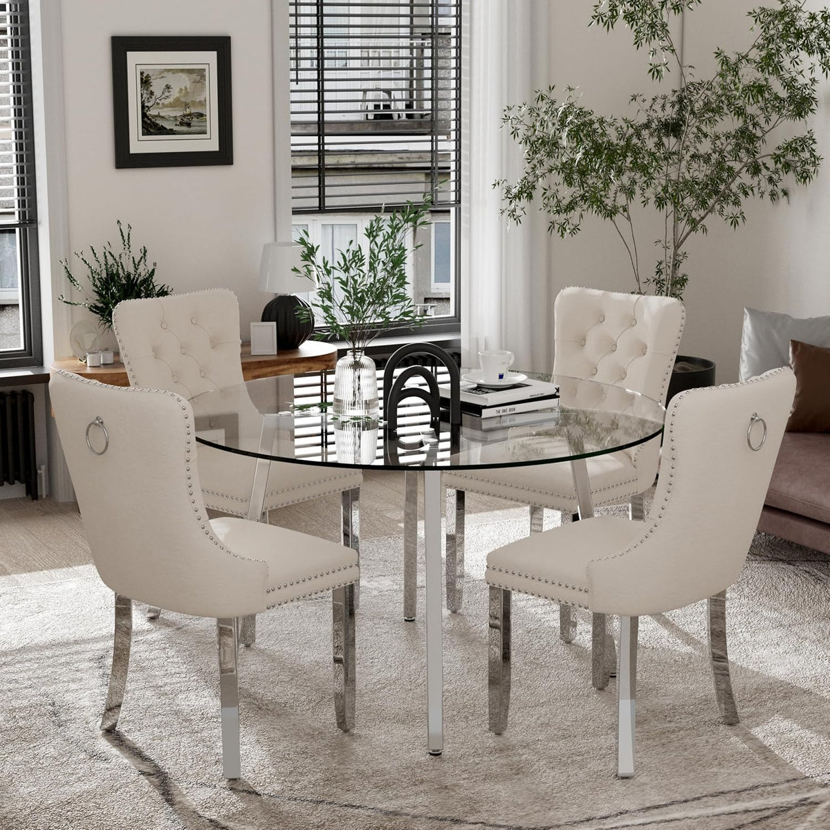 5 Piece Clear Round Glass Top Dining Set, 42'' Mid Century Modern Circle Dinner Room Set, 4 Person Luxury Circular Kitchen Table Set, Beige High-end Tufted Chairs, for Small Apartment (Silver)