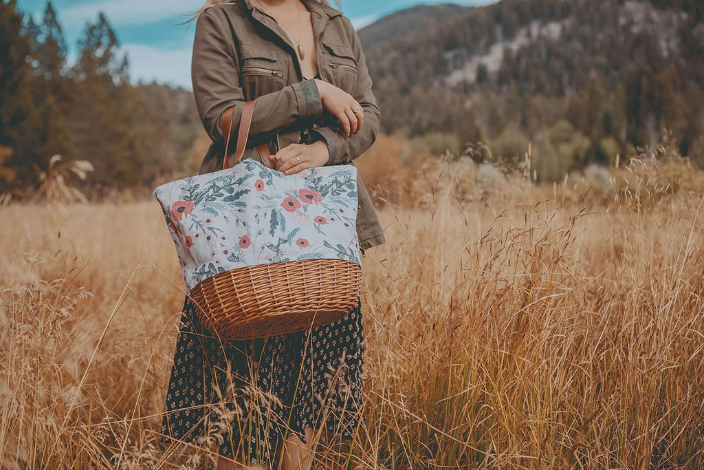 Picnic TIME Promenade Picnic Basket for 2, Canvas and Willow Picnic Set - Includes Utensil Set, Glasses, and Plates, (Floral Pattern)