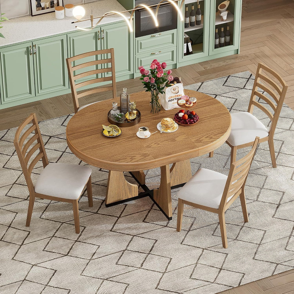 Knocbel Extendable Round Dining Table Set for 4-6, Round Dining Table with 4 Upholstered Chairs, Oval Table & Chair Sets with Unique Geometric Design for Living Room Kitchen, Natural