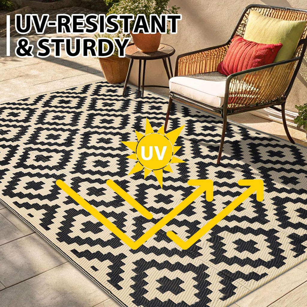 Smiry Outdoor Rug 9x12 ft Waterproof Reversible Boho Mat, Black & Beige